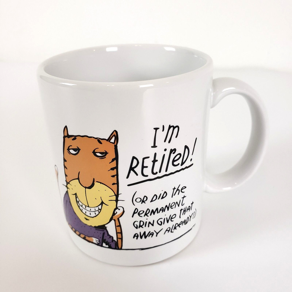 VTG GRINNING CHESHIRE CAT-- I'm Retired! Ceramic Coffee Cup Mug Shoebox Greeting